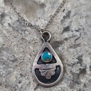 Sterling Silver Turquoise Teardrop Pendant Necklace Southwestern Style Jewelry‎